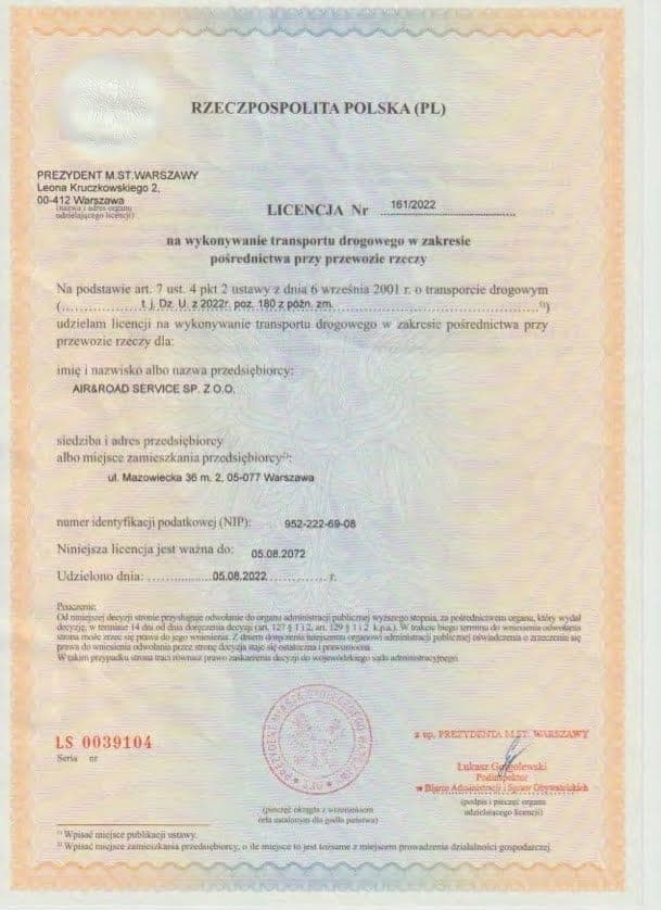 License for the Performance of Road Transport within the Scope of Brokerage for the Transportation of Goods