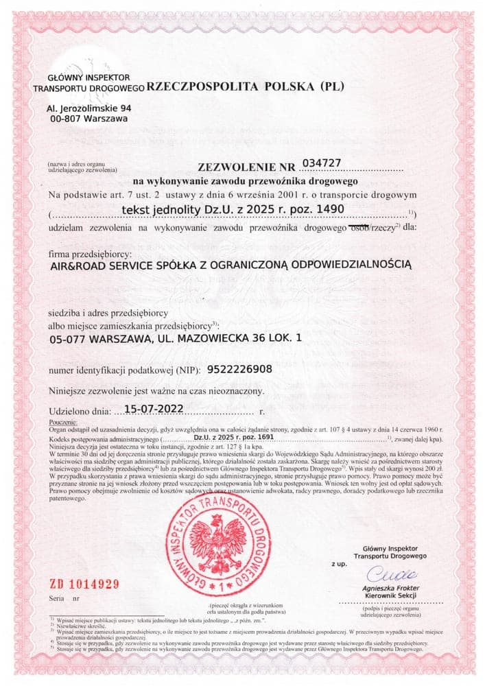 Permit to Operate Road Transport Services in the Field of Brokerage for the Transportation of Goods